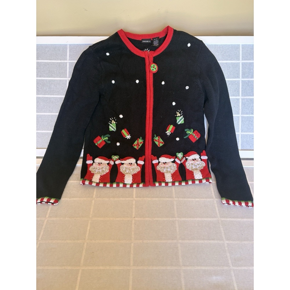 VTG Ugly Christmas Sweater Cardigan Black Santa Sequin Zip Ramie Cotton Y2K S